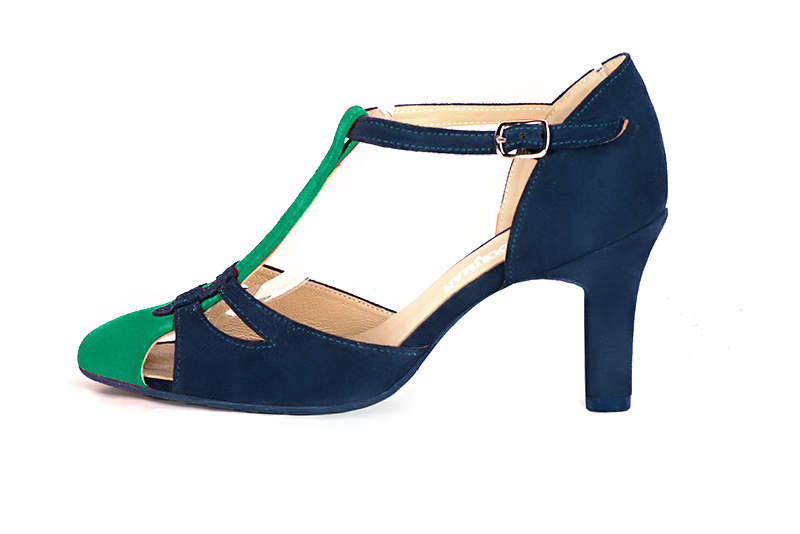 Emerald green and navy blue T strap open side shoes. Round toe. High kitten heels